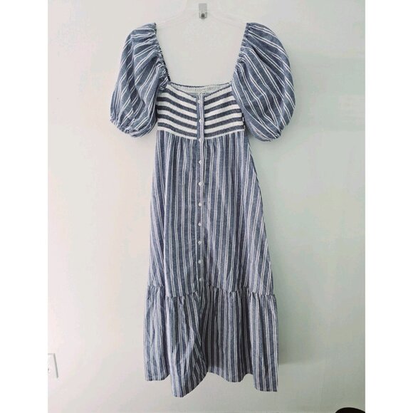 Emerson Fry Love Tomas Cotton Smock Striped Maxi Cottagecore Ruffle Dress S XS - Picture 2 of 10